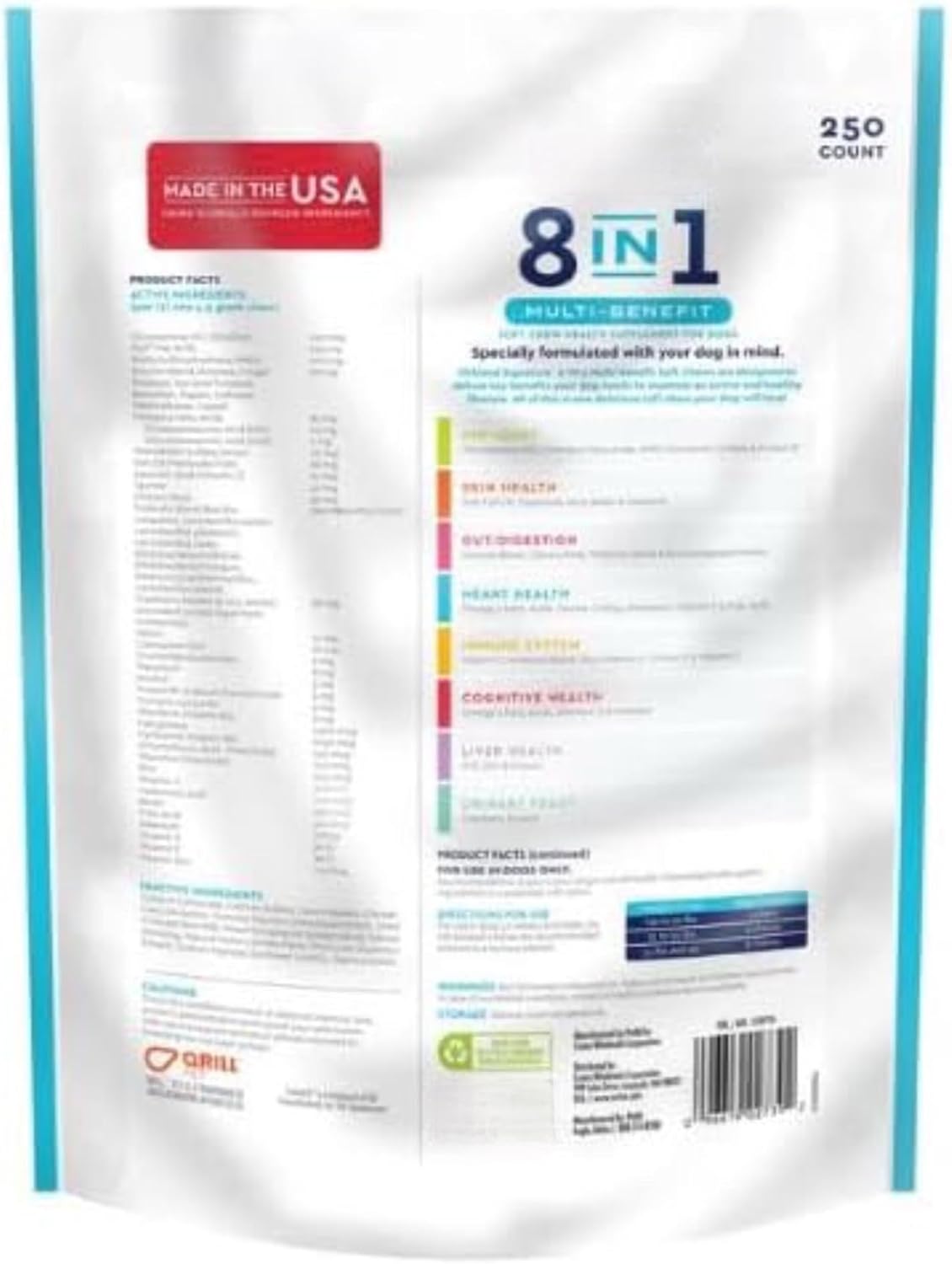 8 in 1 Multi Benefit Soft Chew Health Supplement for Dogs - 250 Count, Vitamin-Rich Formula