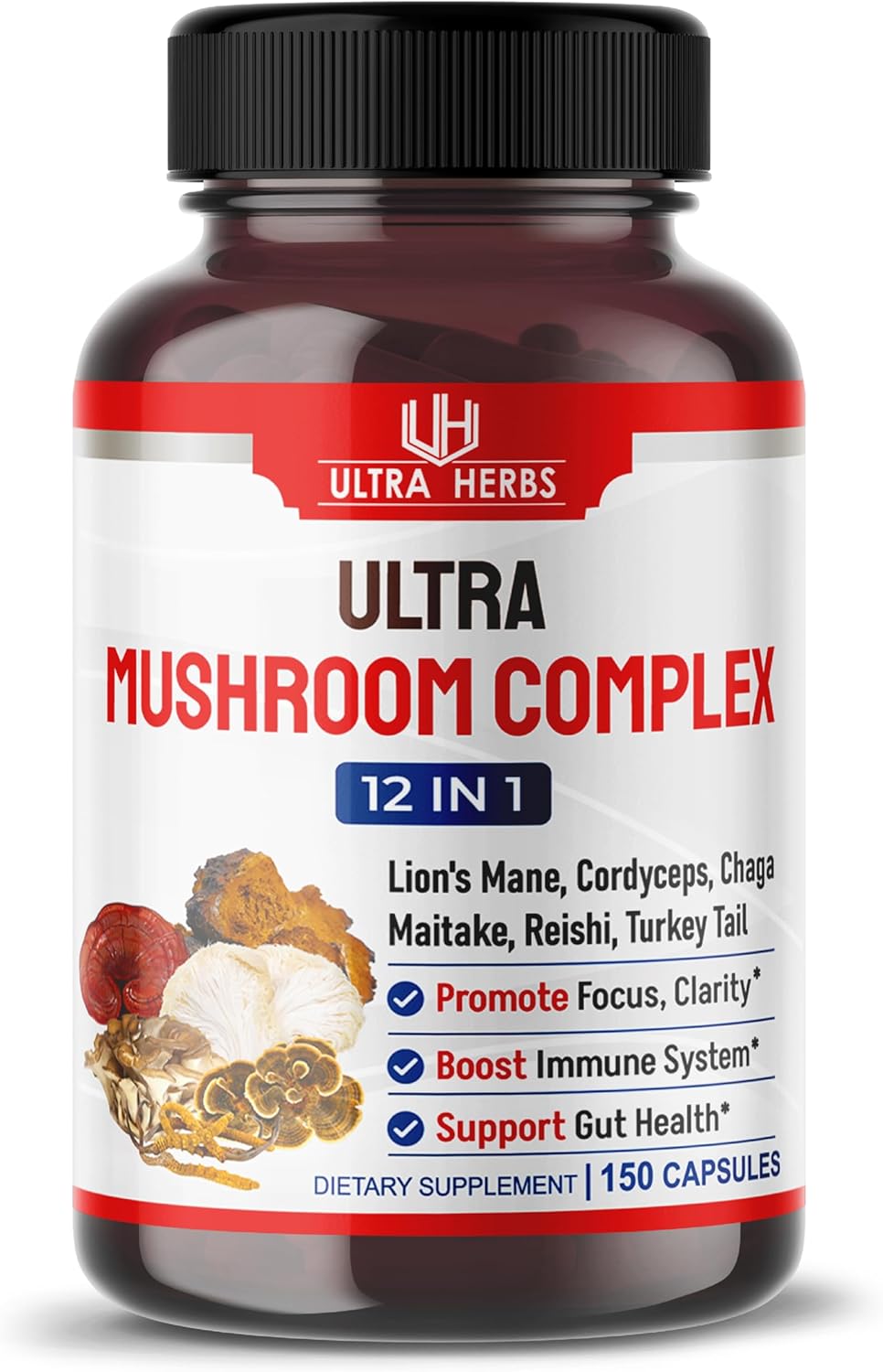 8-in-1 Mushroom Brain Supplement Complex with Lion's Mane, Cordyceps, Maitake - 150 Capsules for Enhanced Clarity and Focus