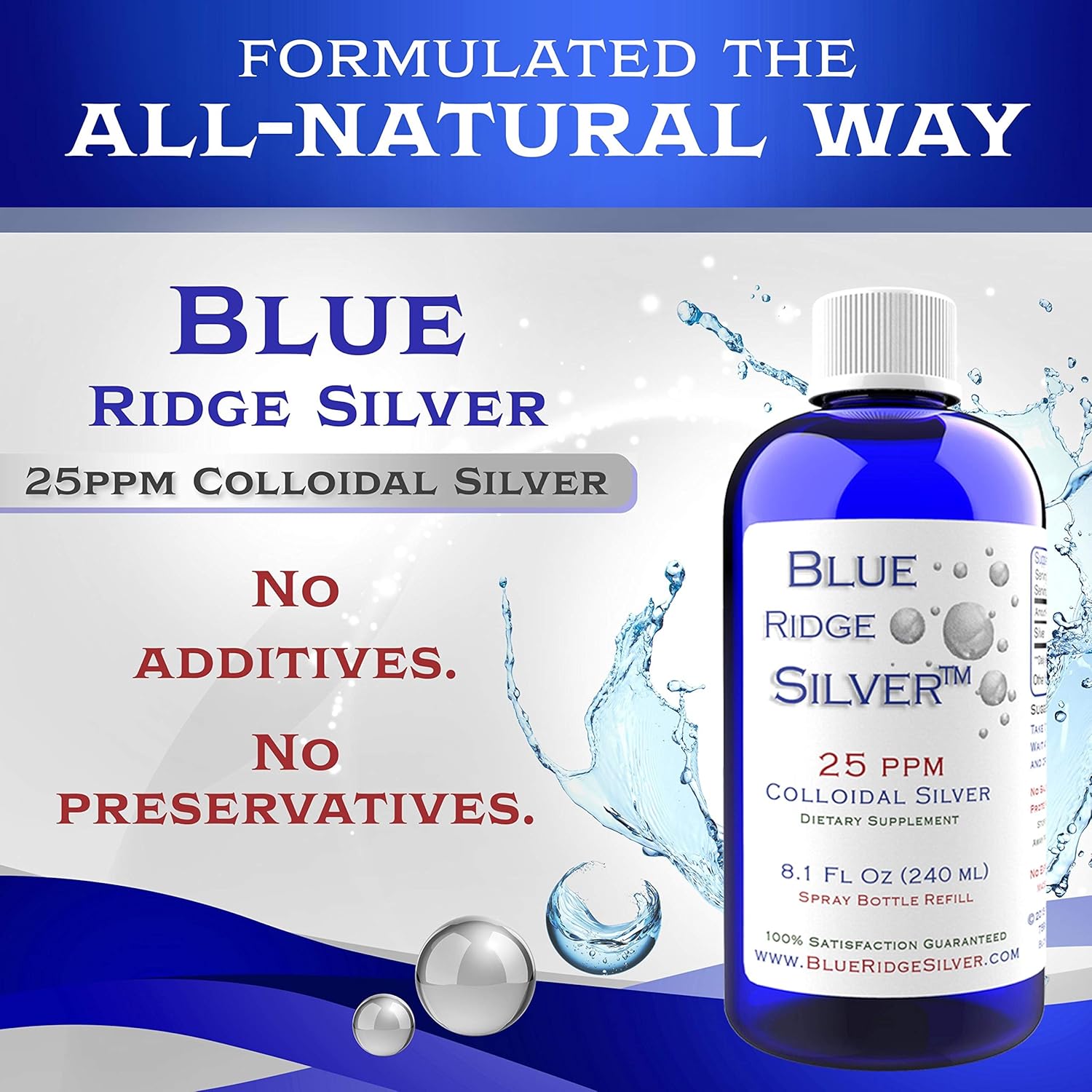 8 oz Blue Ridge Silver Colloidal Silver 25 ppm for Natural Immune Support