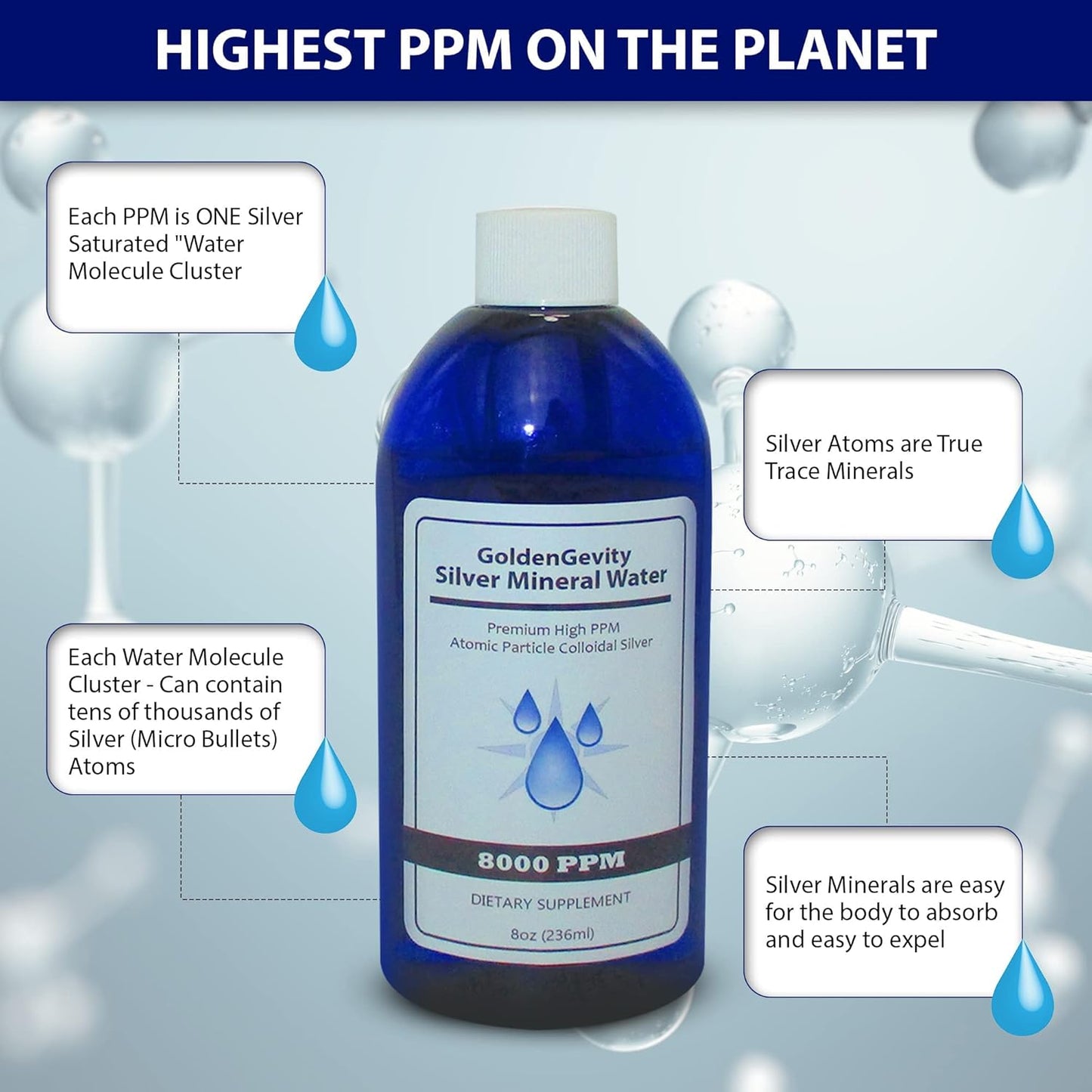 8 oz GoldenGevity Bioactive Atomic Colloidal Silver - 8000 PPM Trace Mineral Immune Support Supplement, Non-Toxic & Non-GMO