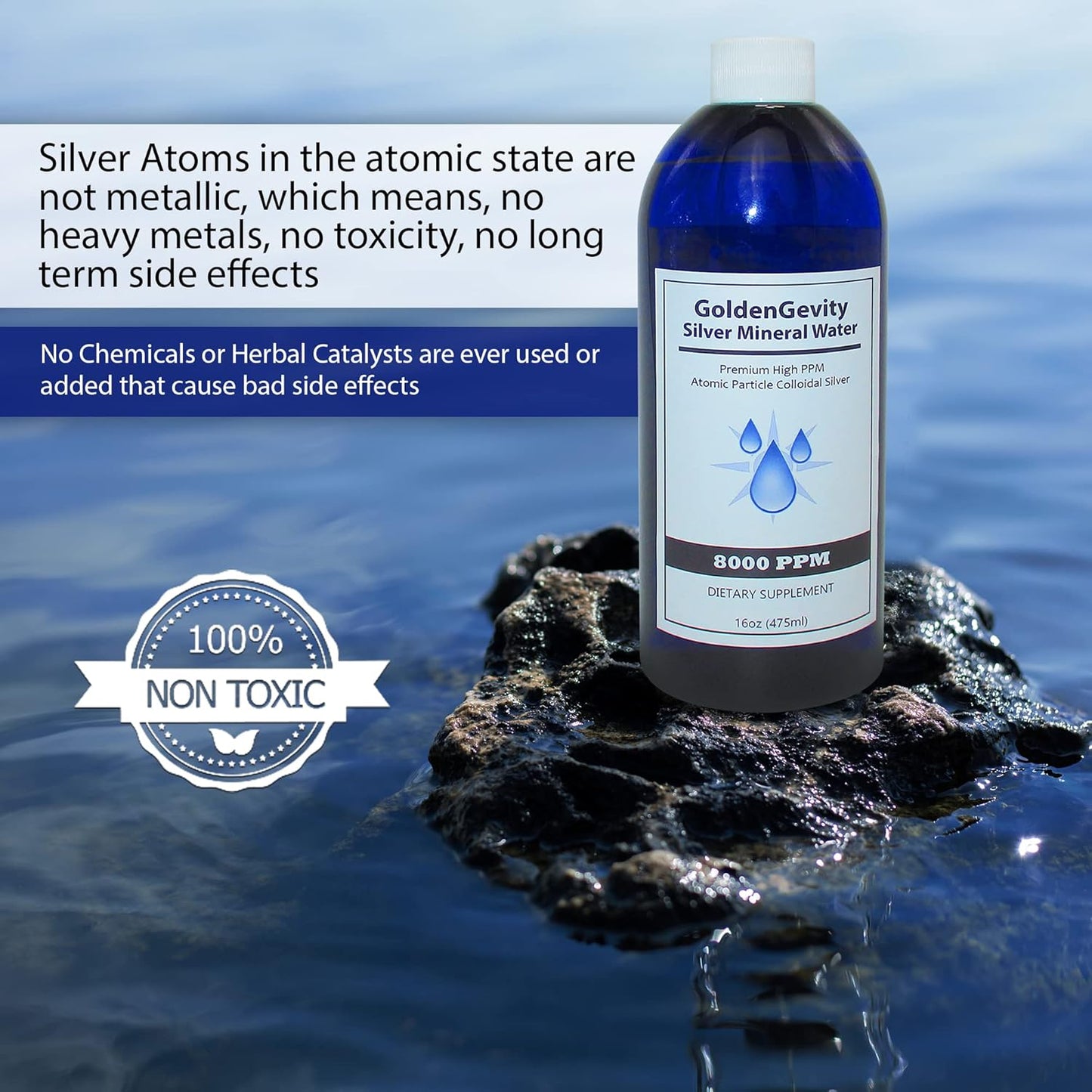 8 oz GoldenGevity Bioactive Atomic Colloidal Silver - 8000 PPM Trace Mineral Immune Support Supplement, Non-Toxic & Non-GMO