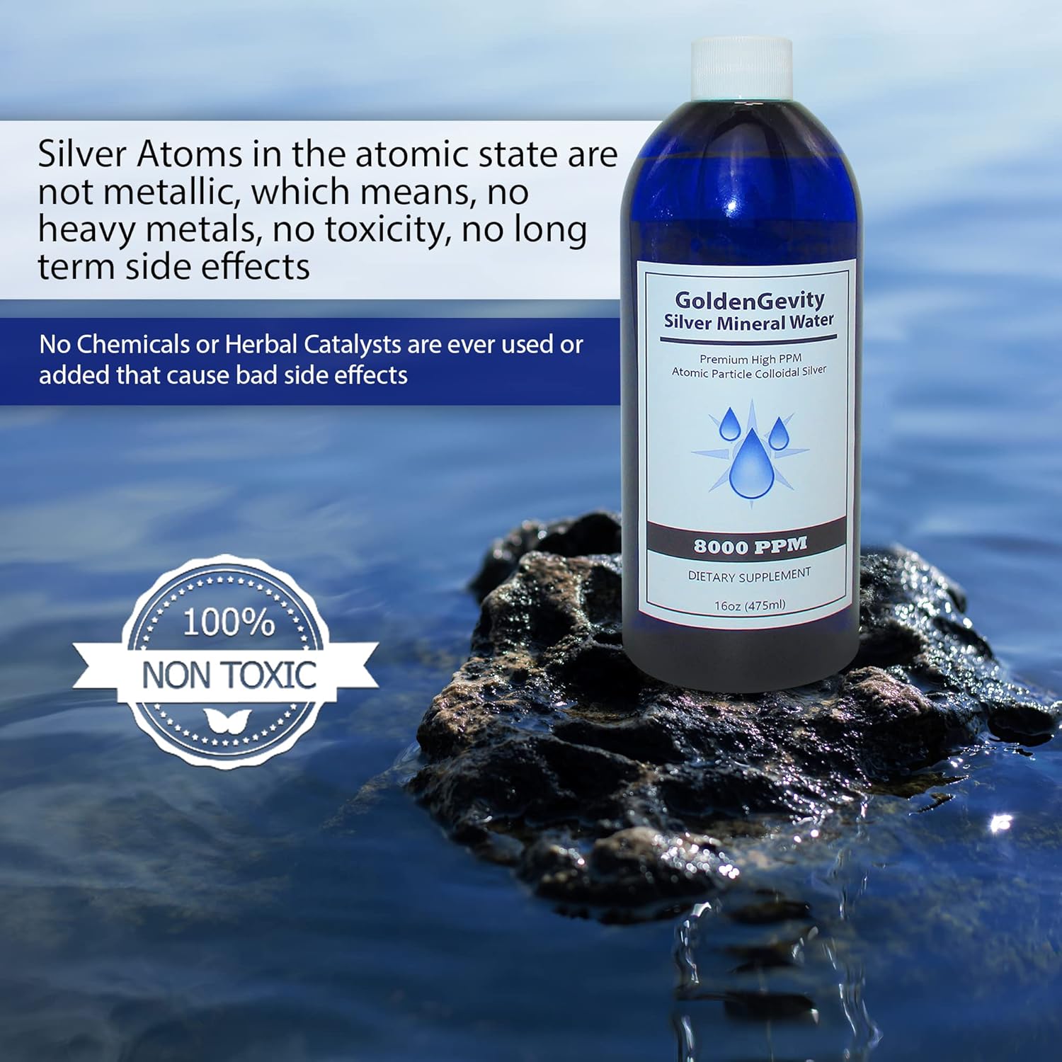 8 oz GoldenGevity Bioactive Atomic Colloidal Silver - 8000 PPM Trace Mineral Immune Support Supplement, Non-Toxic & Non-GMO