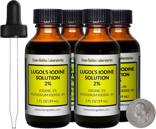 8 Oz Lugol's Iodine 2% Solution in Amber Glass Bottles with Droppers - USA-Made by Eisen-Golden Labs