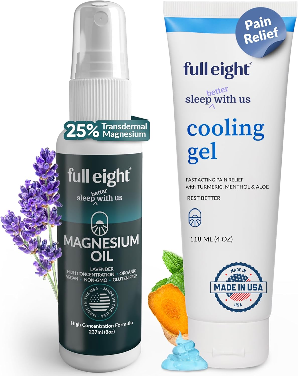 8 oz Magnesium Oil Spray & 4 oz Cooling Gel Bundle with Turmeric, Menthol, Aloe - Muscle Relief & Cramp Support