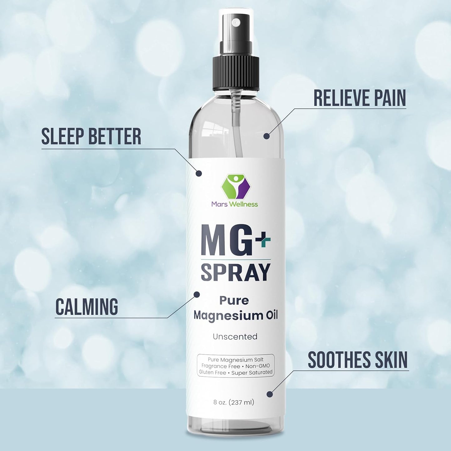 8 oz Mars Wellness MG+ Pure Magnesium Oil Spray - USA Made Muscle Relaxation and Rejuvenation Spray