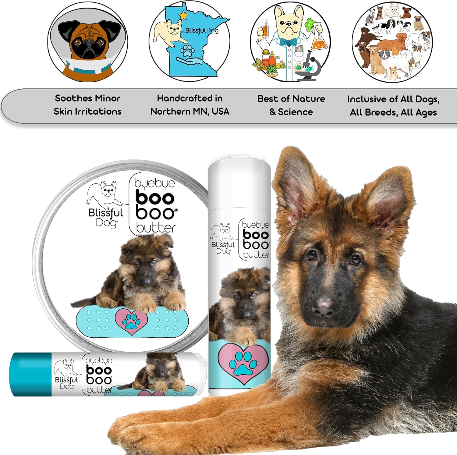 8 oz Tin of Blissful Dog German Shepherd Booboo Butter for Dry Skin Relief