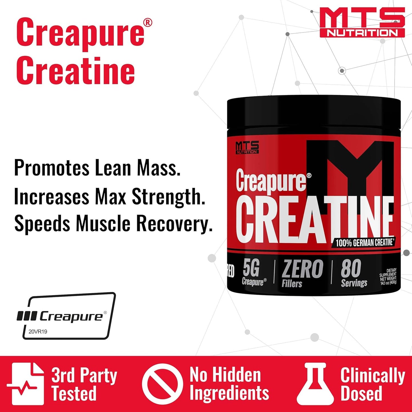 80 Servings MTS Nutrition Creapure Creatine Powder for Muscle Growth and Recovery - Unflavored Supplement