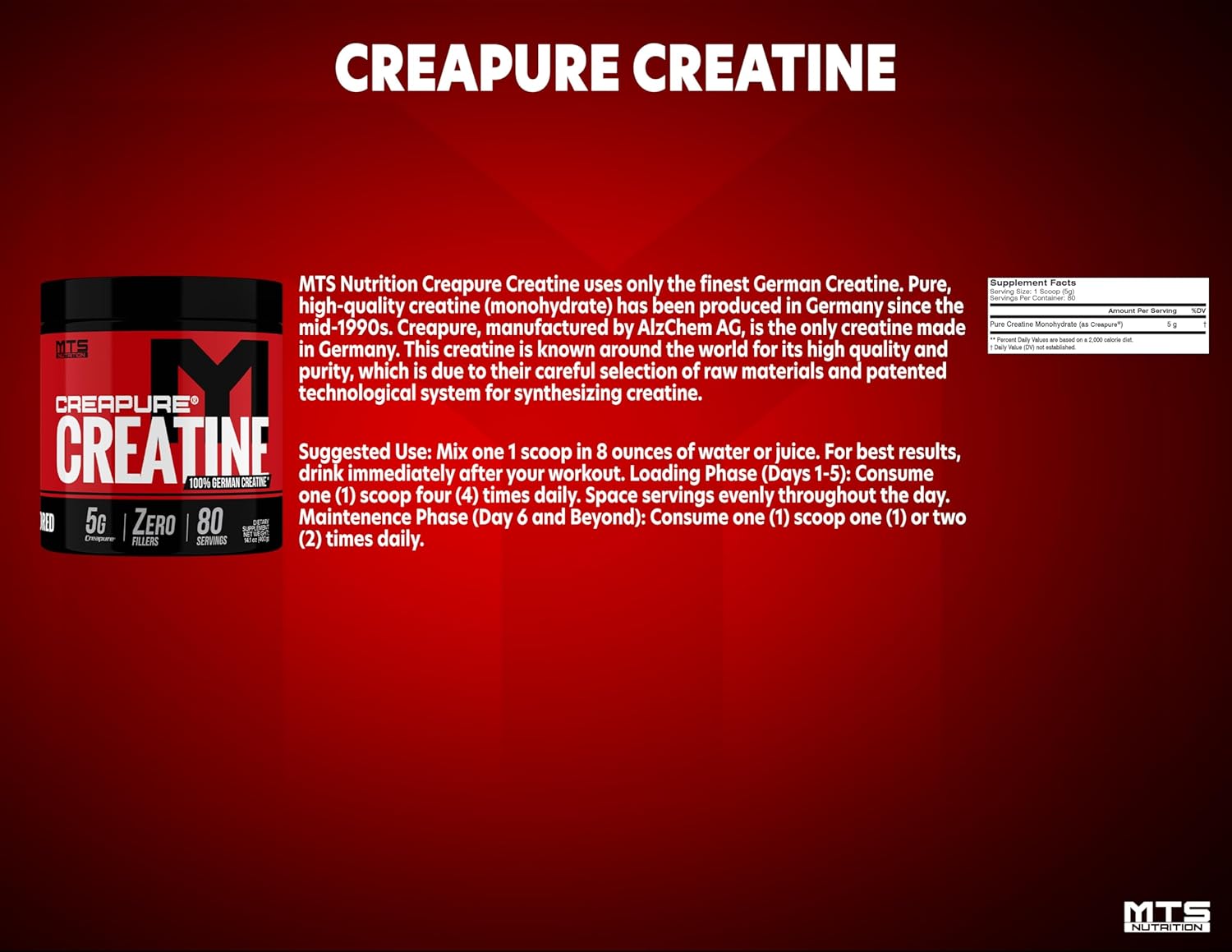 80 Servings MTS Nutrition Creapure Creatine Powder for Muscle Growth and Recovery - Unflavored Supplement