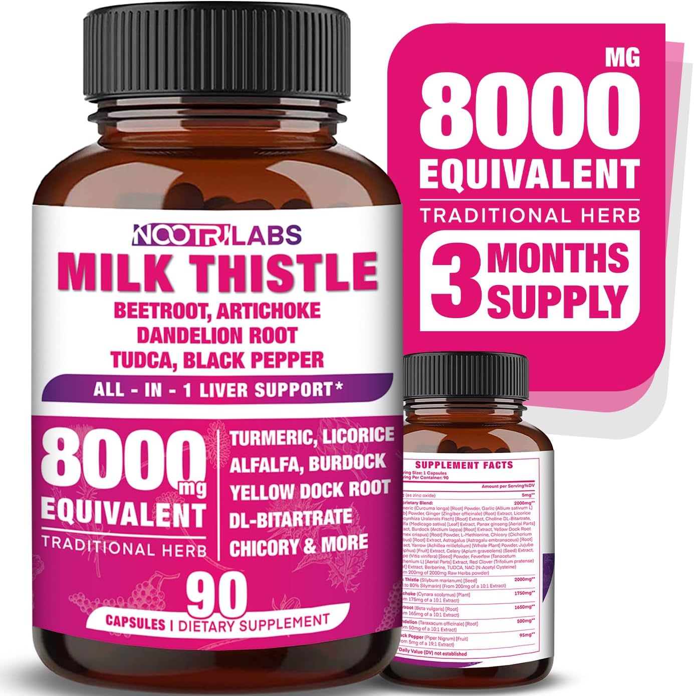 8000mg All-in-1 Liver Support Capsules with Milk Thistle, NAC, BeetRoot, Dandelion Root, Antioxidants, TUDCA, Choline, & Ginger - 90 Vegan Capsules