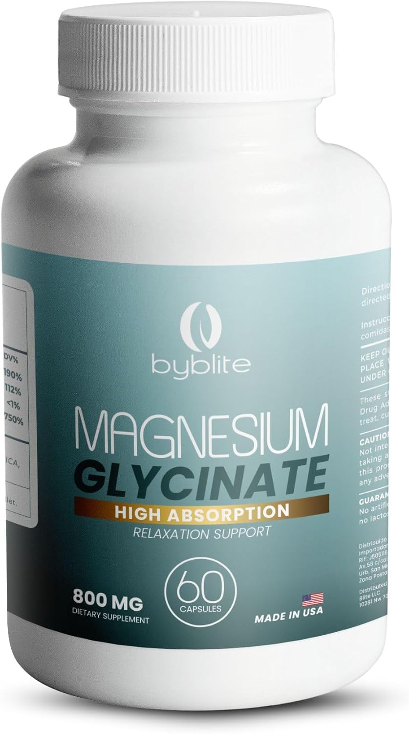 800mg Byblite Magnesium Glycinate for High Absorption - Promotes Wellness, Sleep, Muscle Function, Heart Health, and Stress Relief