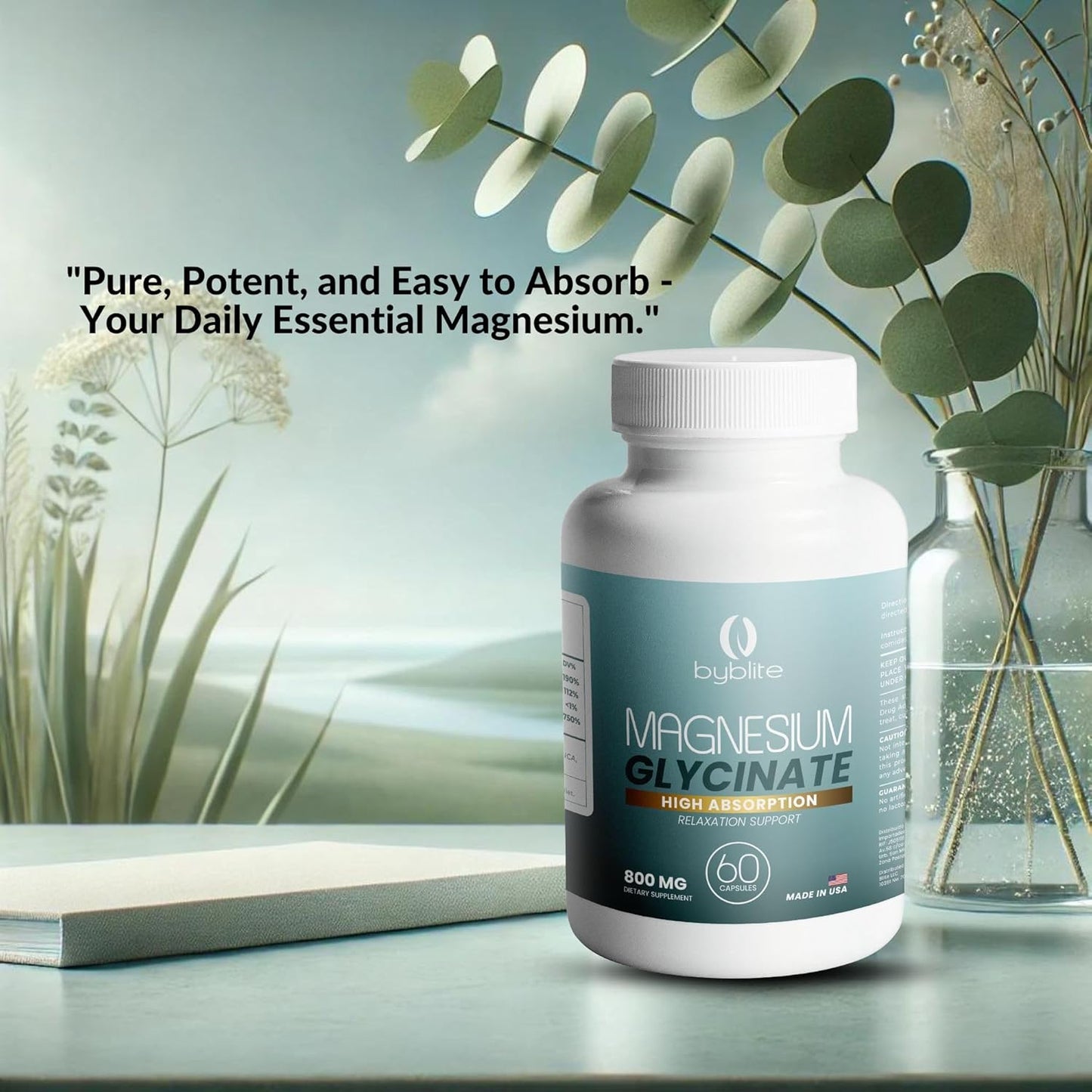 800mg Byblite Magnesium Glycinate for High Absorption - Promotes Wellness, Sleep, Muscle Function, Heart Health, and Stress Relief