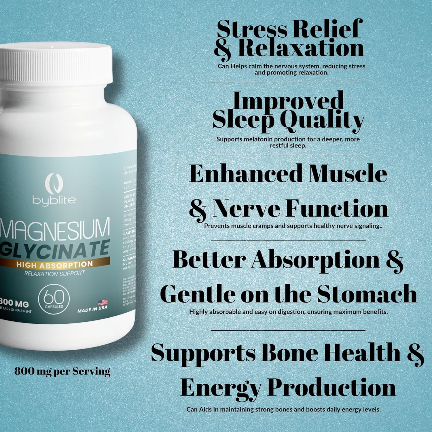 800mg Byblite Magnesium Glycinate for High Absorption - Promotes Wellness, Sleep, Muscle Function, Heart Health, and Stress Relief