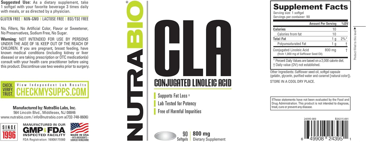800mg CLA Conjugated Linoleic Acid Supplement - 90 Softgels by NutraBio