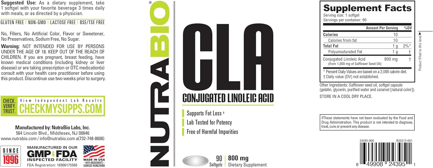 800mg CLA Conjugated Linoleic Acid Supplement - 90 Softgels by NutraBio