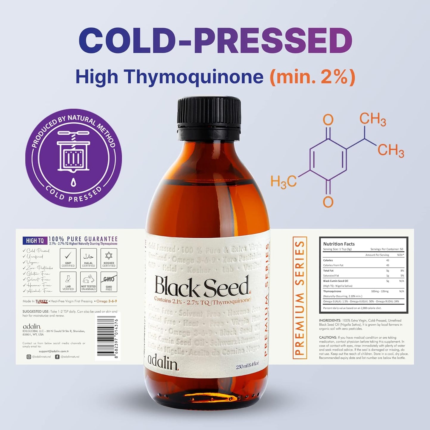 8.4 fl oz ADALIN Black Seed Oil Liquid - High Thymoquinone, Cold Pressed, Glass Bottle - Vegan, Gluten Free Nigella Sativa Seed Oil