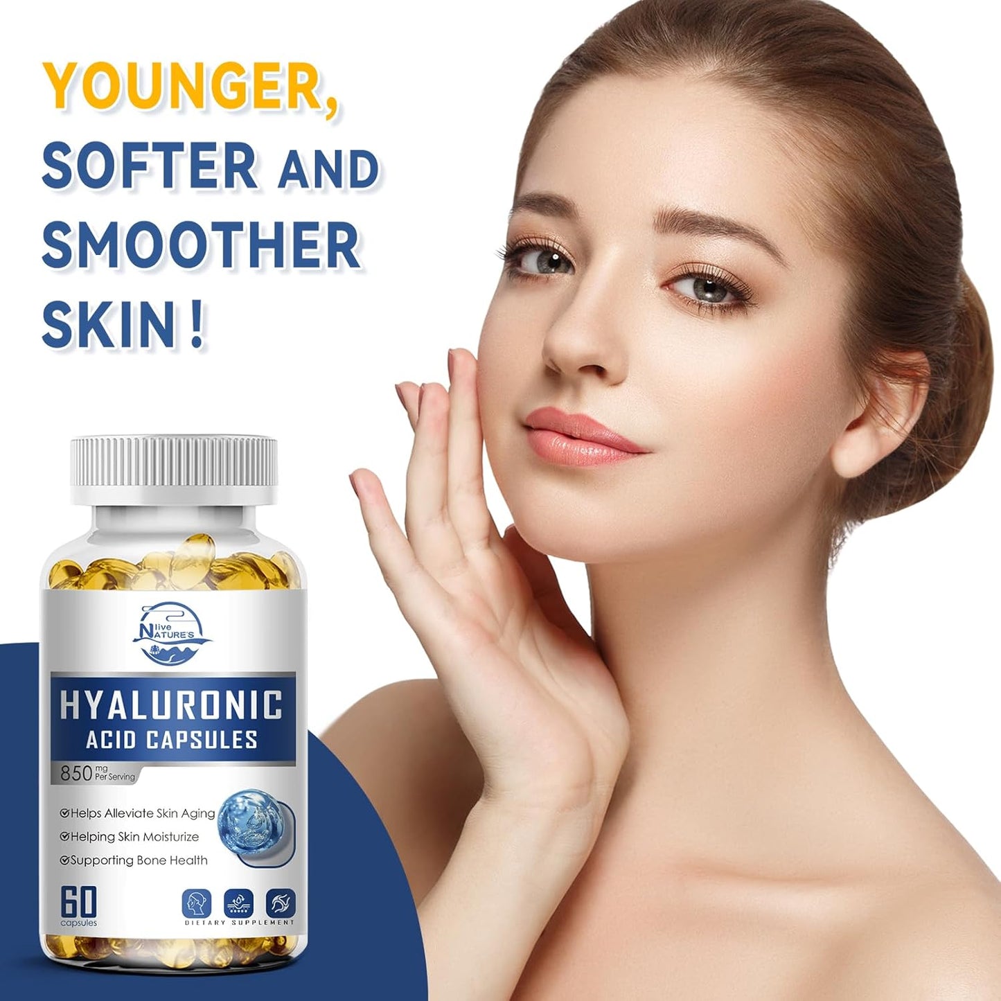 850mg High Bioavailability Hyaluronic Acid Capsules for Skin, Joints, Hair & Nails - 60 Capsules