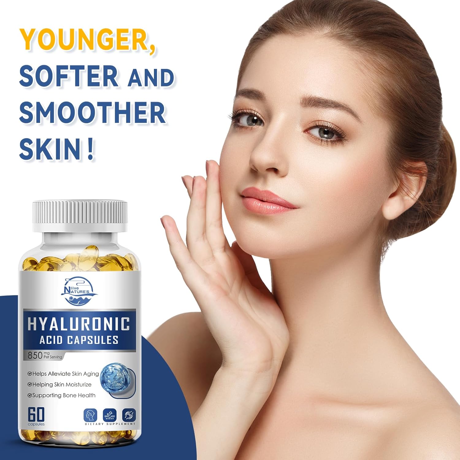 850mg High Bioavailability Hyaluronic Acid Capsules for Skin, Joints, Hair & Nails - 60 Capsules