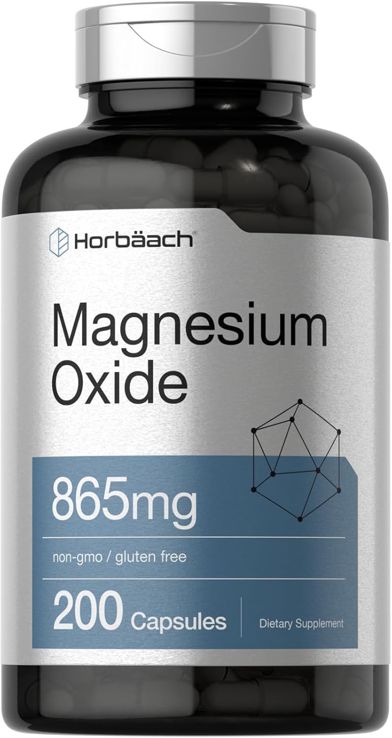 865 mg Magnesium Oxide Capsules - 200 Count | Non-GMO & Gluten Free Supplement by Horbäach