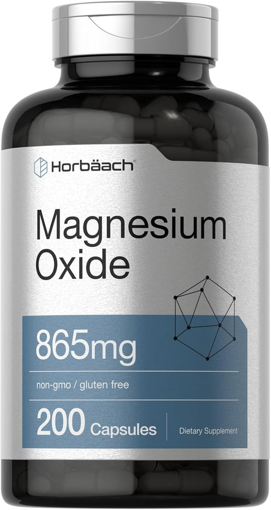 865 mg Magnesium Oxide Capsules - 200 Count | Non-GMO & Gluten Free Supplement by Horbäach