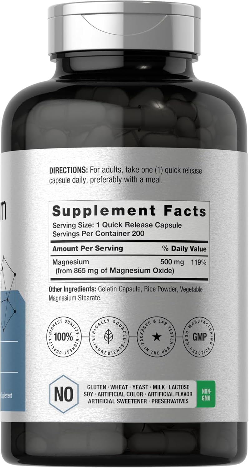 865 mg Magnesium Oxide Capsules - 200 Count | Non-GMO & Gluten Free Supplement by Horbäach