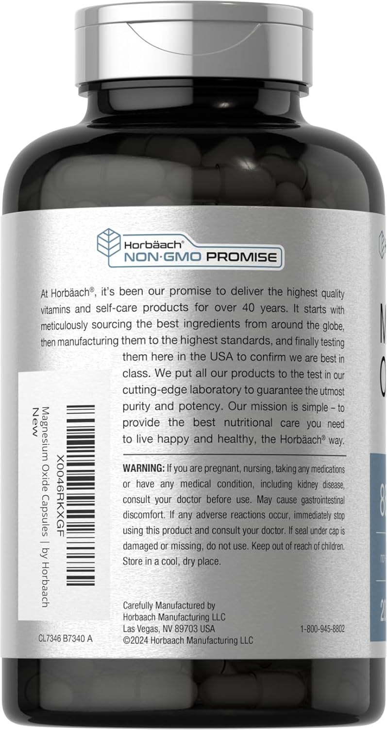 865 mg Magnesium Oxide Capsules - 200 Count | Non-GMO & Gluten Free Supplement by Horbäach