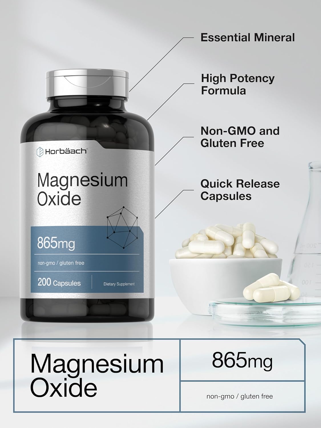 865 mg Magnesium Oxide Capsules - 200 Count | Non-GMO & Gluten Free Supplement by Horbäach