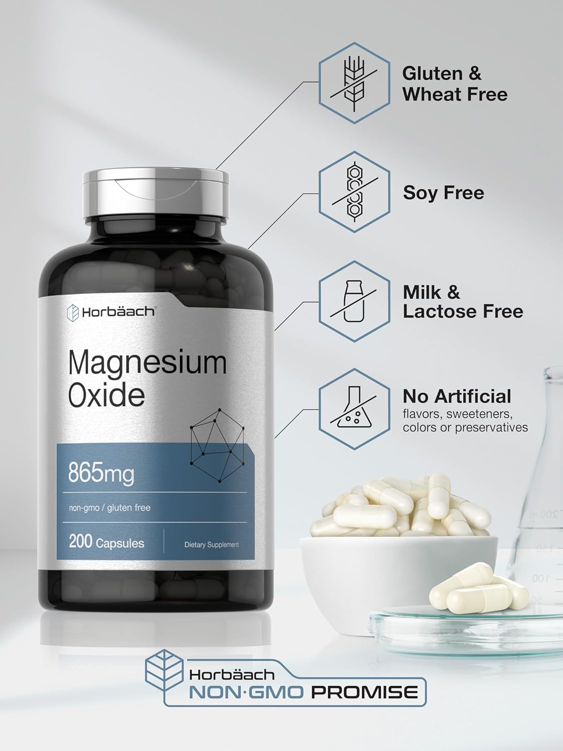 865 mg Magnesium Oxide Capsules - 200 Count | Non-GMO & Gluten Free Supplement by Horbäach