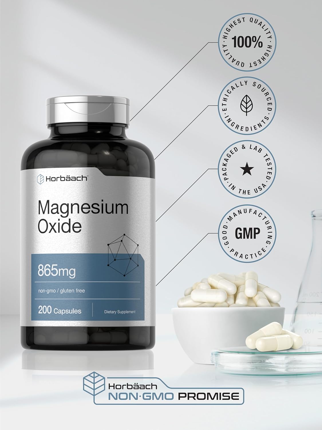 865 mg Magnesium Oxide Capsules - 200 Count | Non-GMO & Gluten Free Supplement by Horbäach
