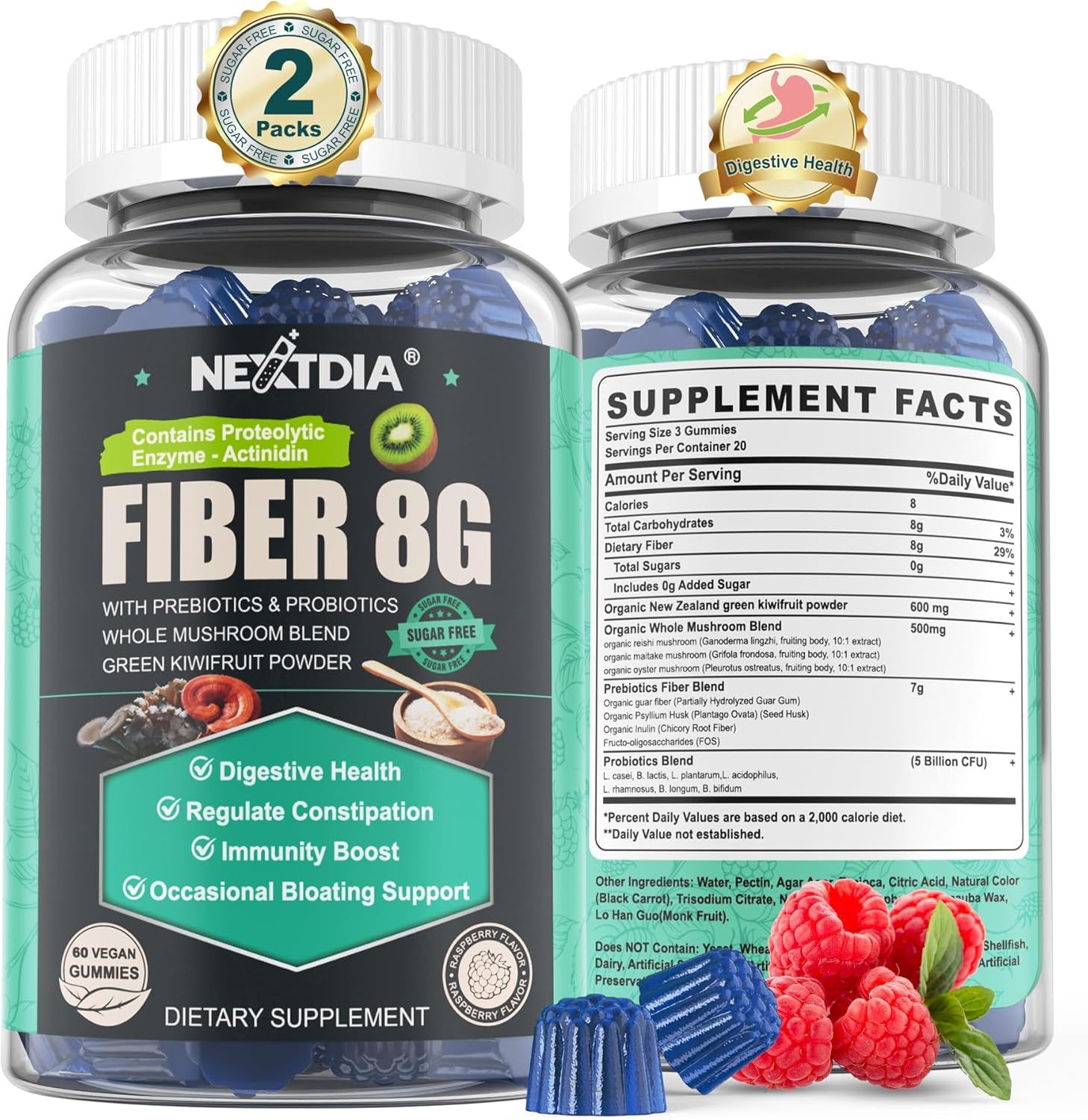 8G High Fiber Gummies with Prebiotics for Gut Health - Sugar Free Supplement for Men & Women - 120 Vegan Gummies