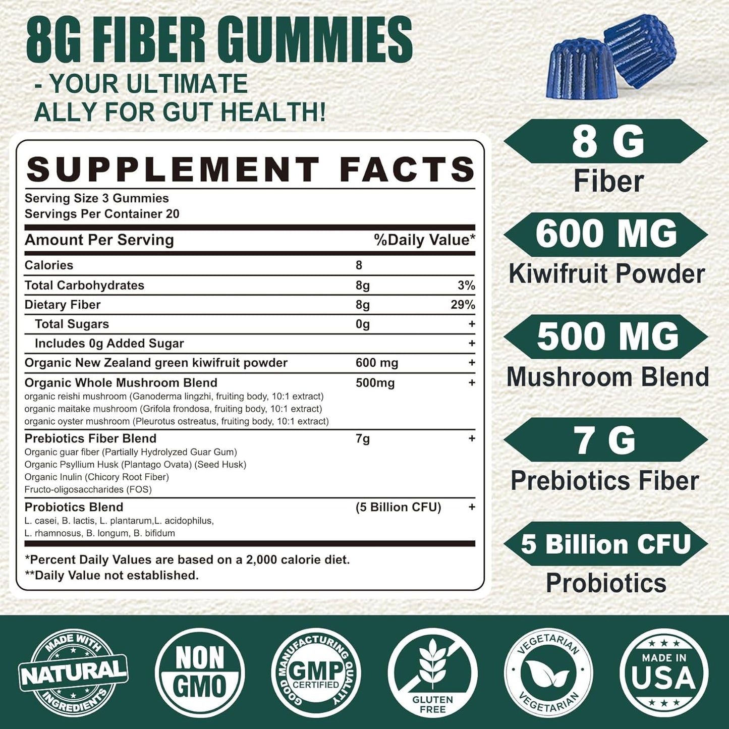 8G High Fiber Gummies with Prebiotics for Gut Health - Sugar Free Supplement for Men & Women - 120 Vegan Gummies