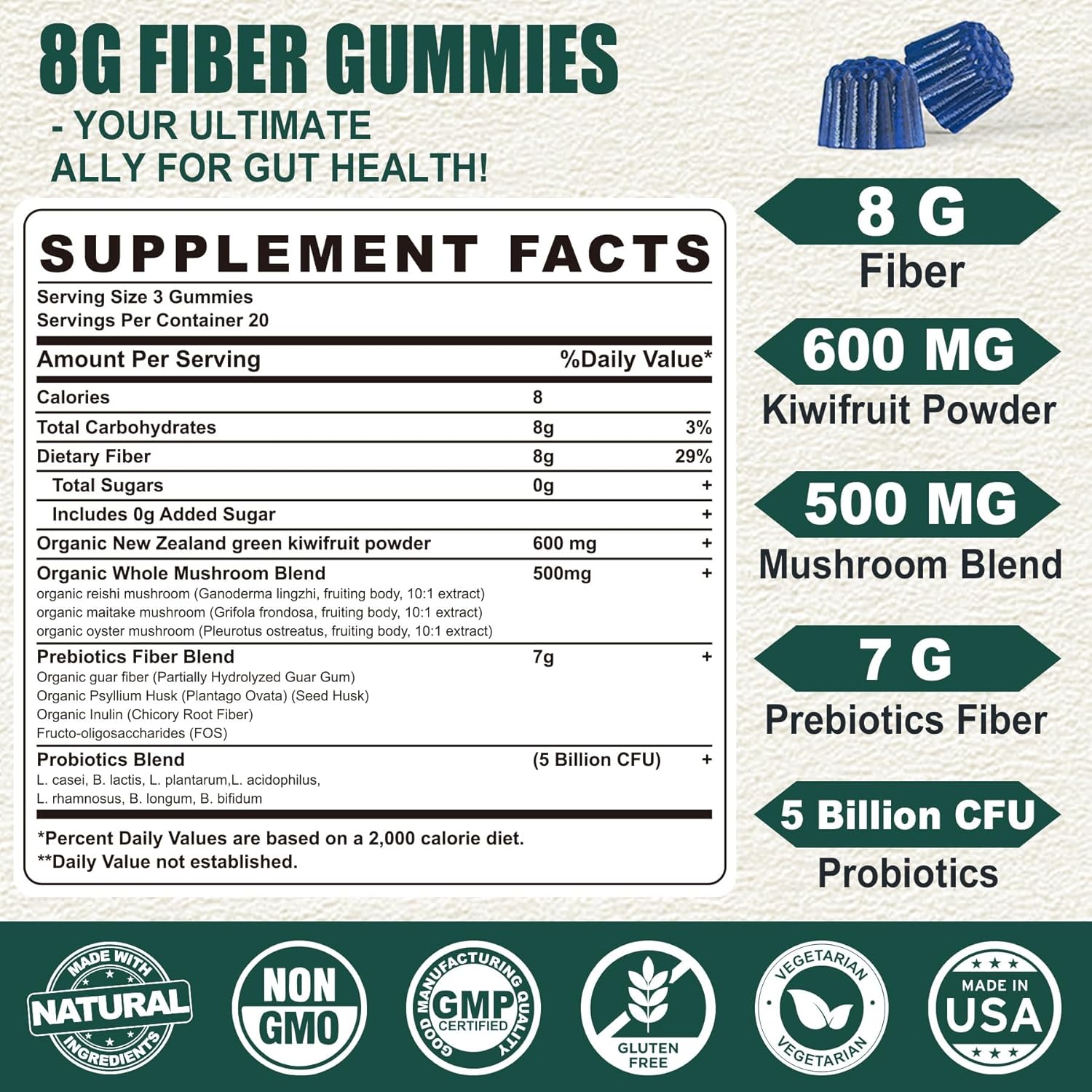 8G High Fiber Gummies with Prebiotics for Gut Health - Sugar Free Supplement for Men & Women - 120 Vegan Gummies