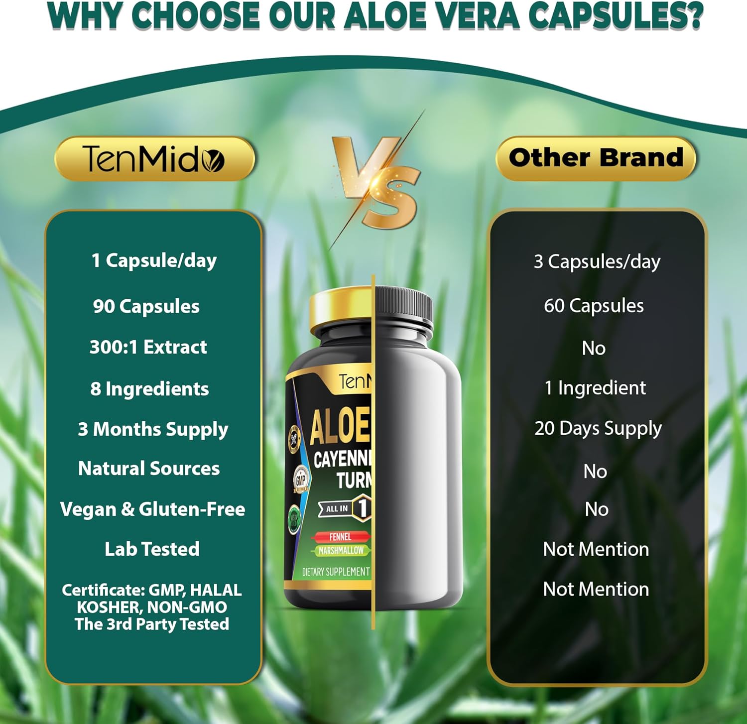 8in1 Aloe Vera Capsules Supplement with Turmeric, Cayenne Pepper, and More - 90 Capsules, 3 Months Supply