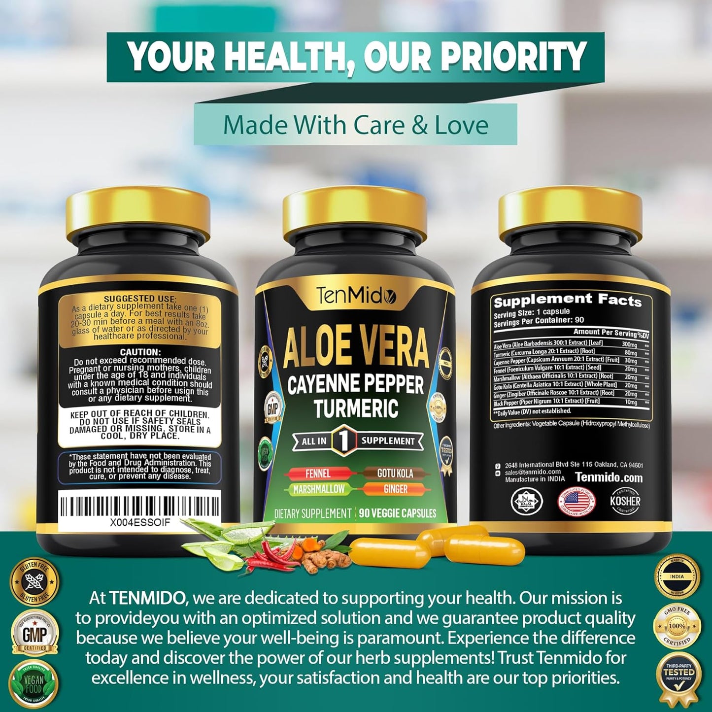 8in1 Aloe Vera Capsules Supplement with Turmeric, Cayenne Pepper, and More - 90 Capsules, 3 Months Supply