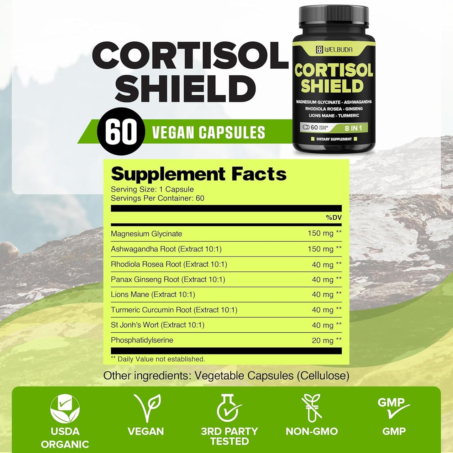 8in1 Cortisol Shield with Ashwagandha, Magnesium, Rhodiola Rosea, Lions Mane, Ginseng, and More - Support for Relaxation, Restful Nights, and Mood Balance - 60 Capsules