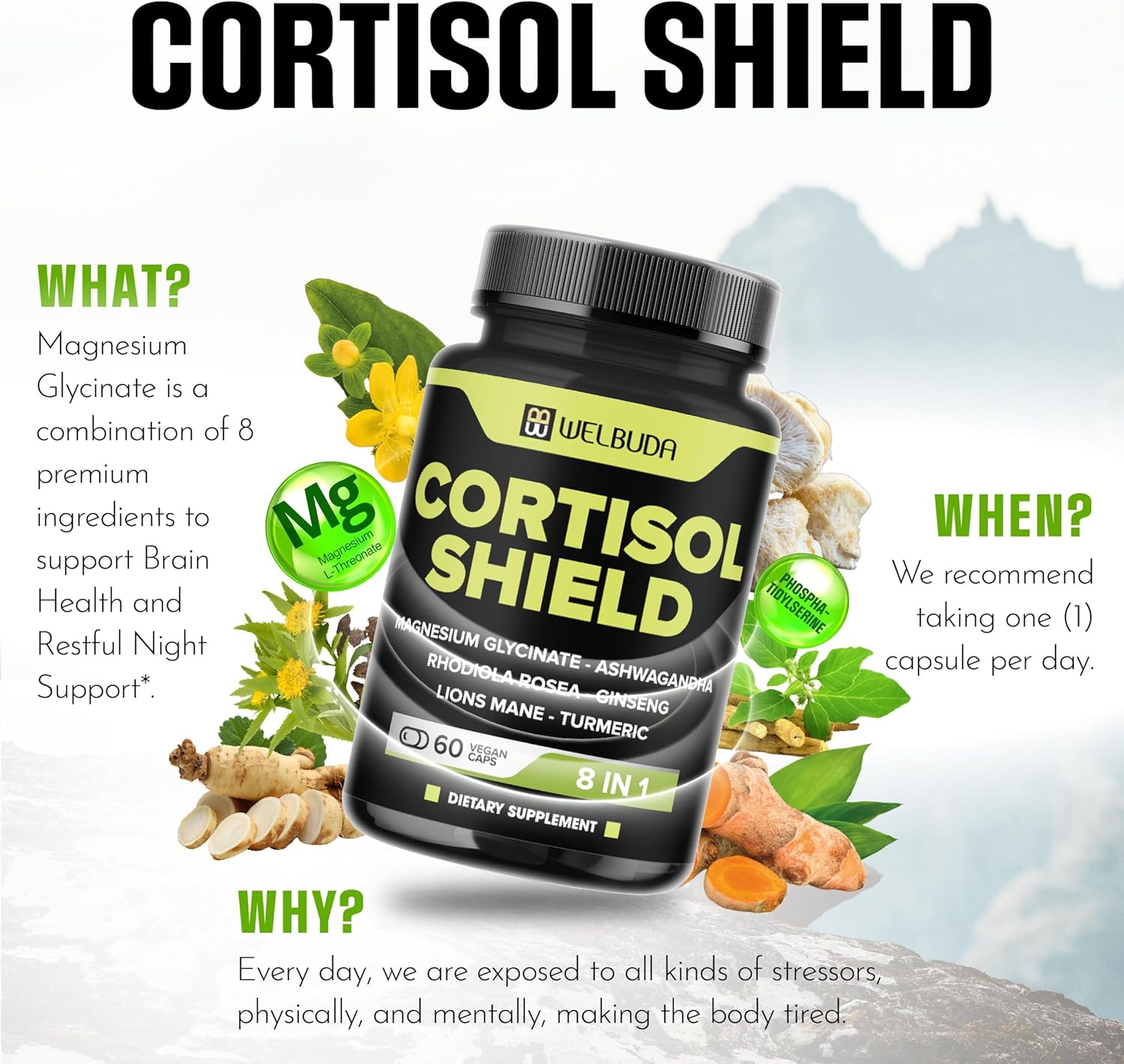 8in1 Cortisol Shield with Ashwagandha, Magnesium, Rhodiola Rosea, Lions Mane, Ginseng, and More - Support for Relaxation, Restful Nights, and Mood Balance - 60 Capsules