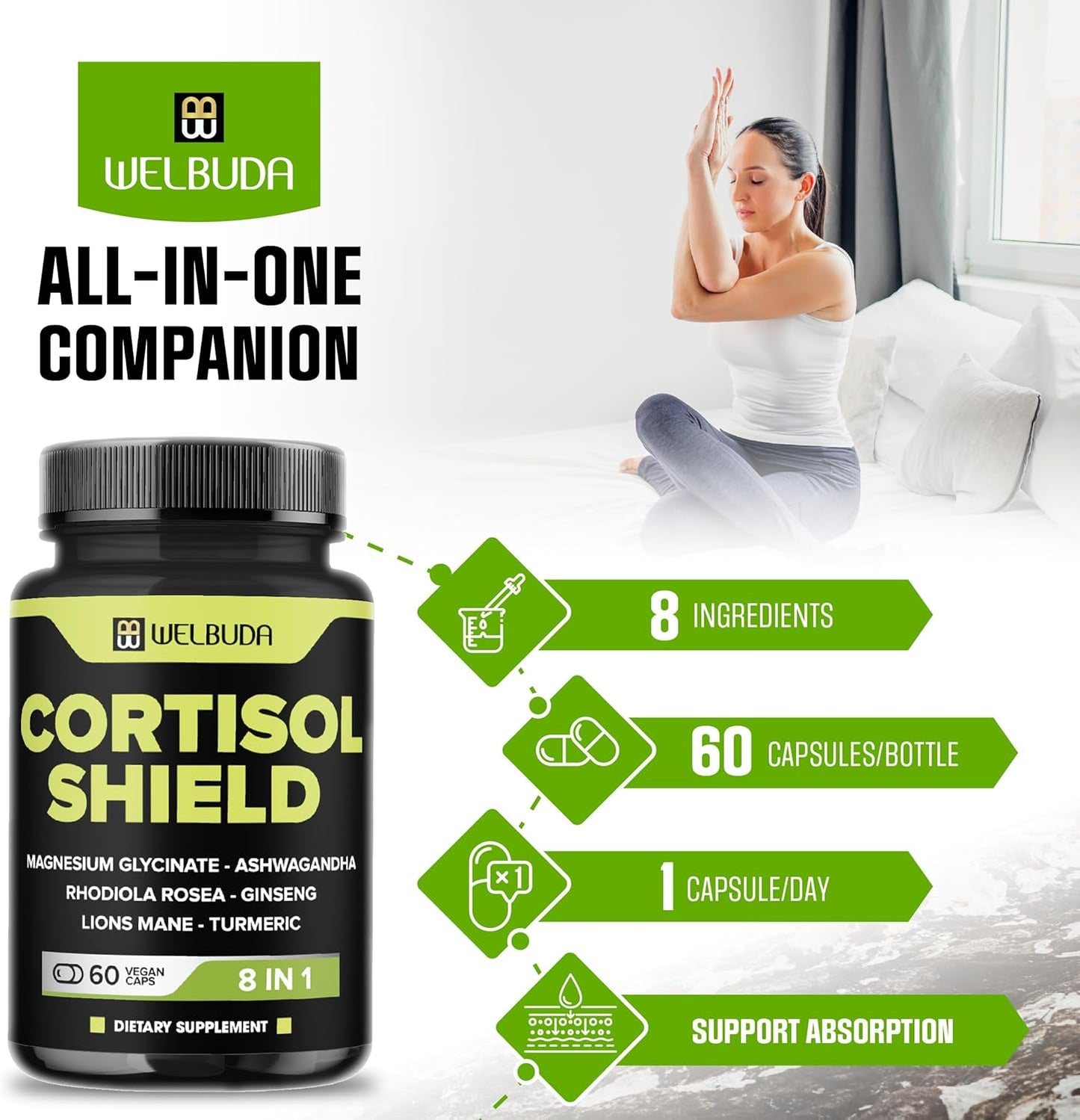 8in1 Cortisol Shield with Ashwagandha, Magnesium, Rhodiola Rosea, Lions Mane, Ginseng, and More - Support for Relaxation, Restful Nights, and Mood Balance - 60 Capsules