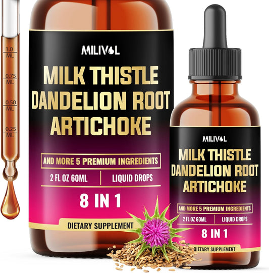 8in1 Milk Thistle Liquid Drops with Dandelion Root, Artichoke Leaf & 5 Herbals - 60 Day Supply - 2 Fl Oz