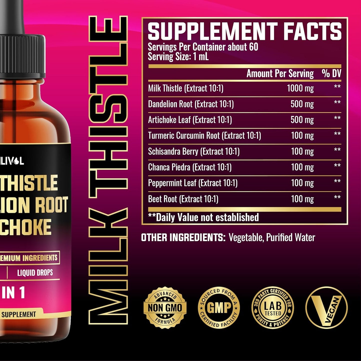 8in1 Milk Thistle Liquid Drops with Dandelion Root, Artichoke Leaf & 5 Herbals - 60 Day Supply - 2 Fl Oz