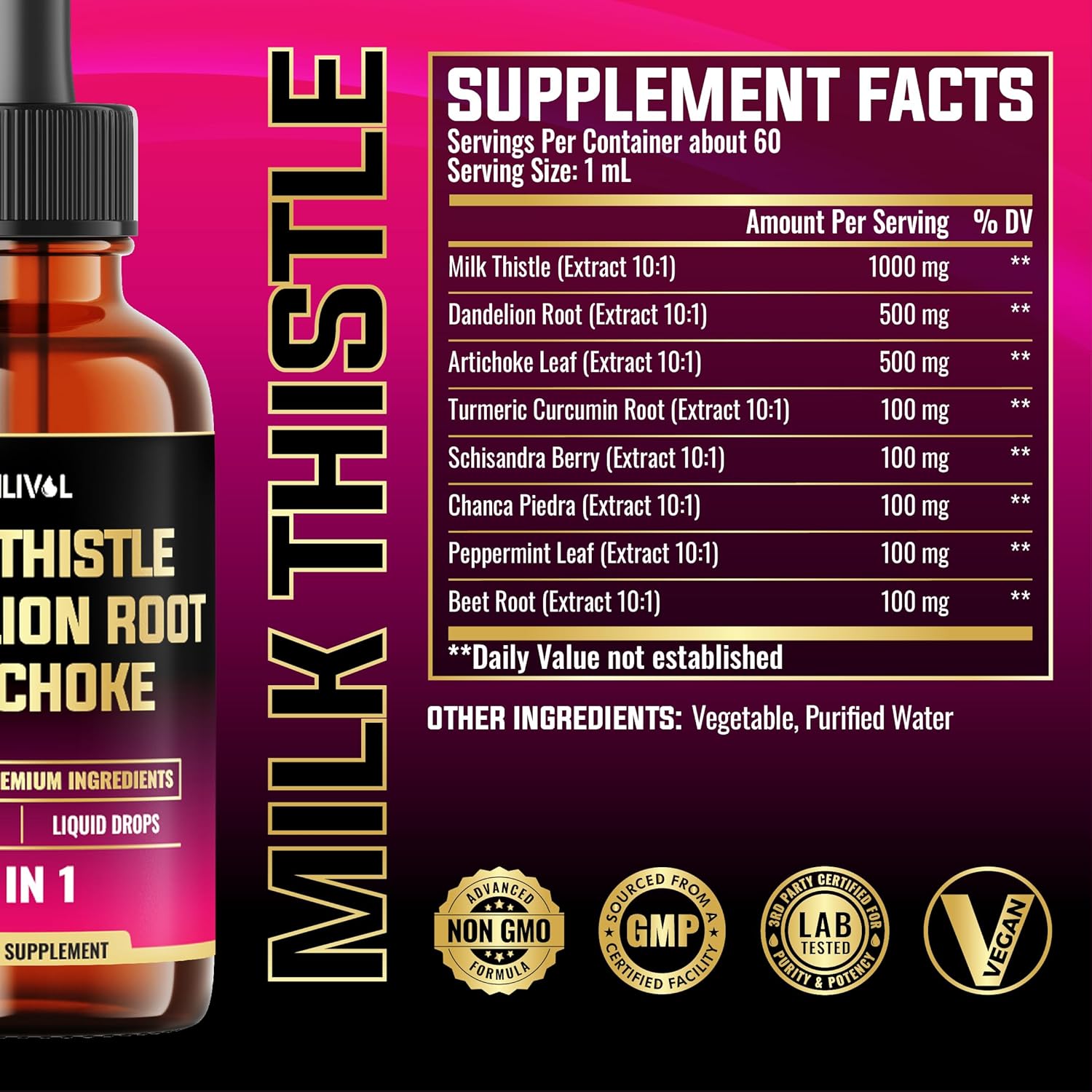 8in1 Milk Thistle Liquid Drops with Dandelion Root, Artichoke Leaf & 5 Herbals - 60 Day Supply - 2 Fl Oz