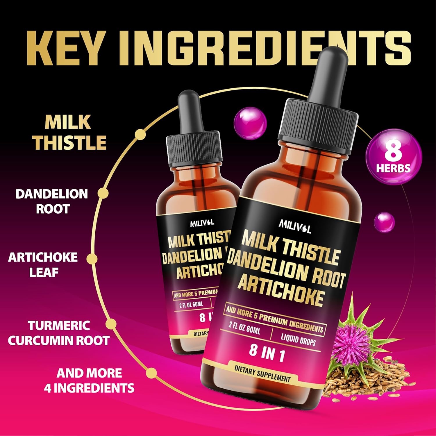 8in1 Milk Thistle Liquid Drops with Dandelion Root, Artichoke Leaf & 5 Herbals - 60 Day Supply - 2 Fl Oz