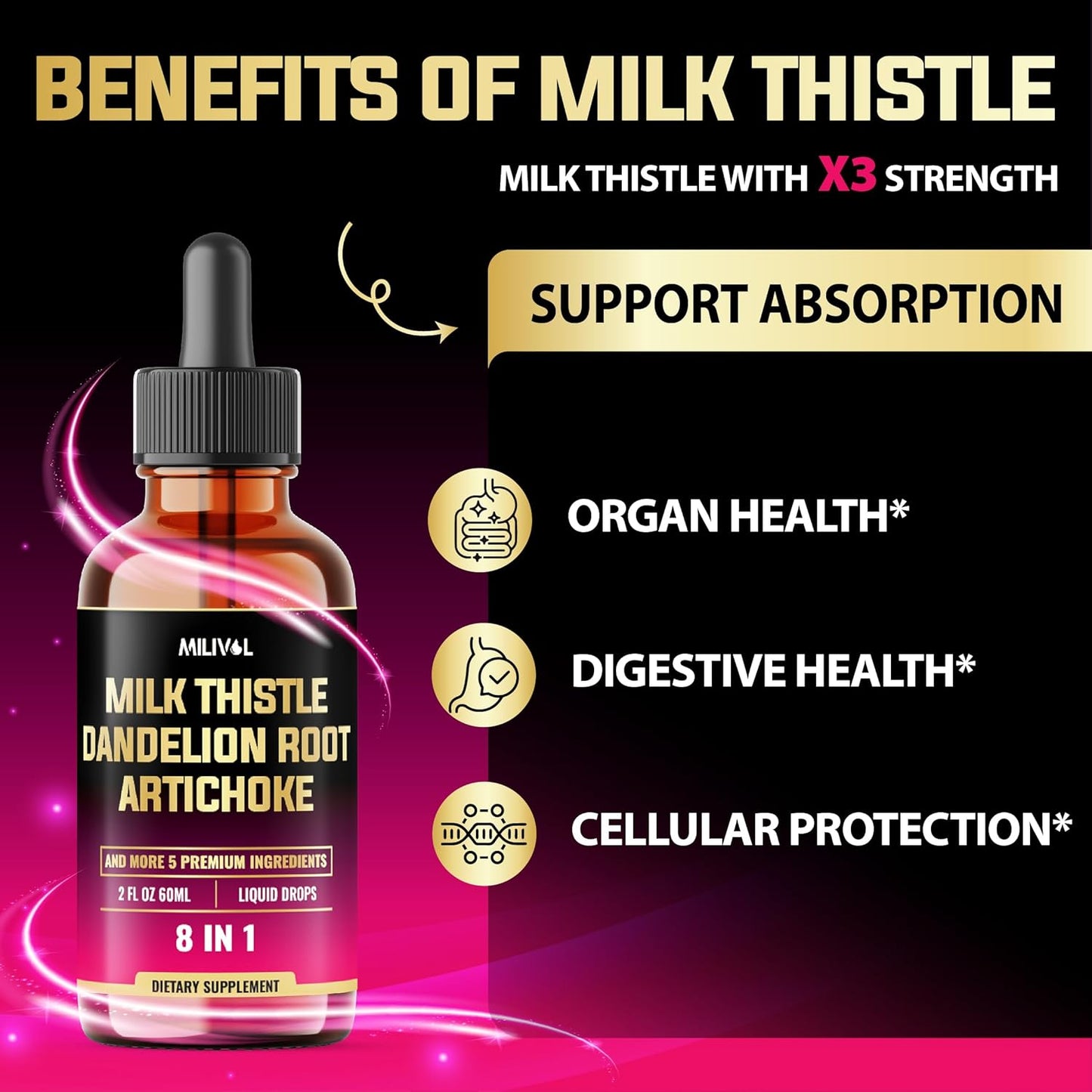 8in1 Milk Thistle Liquid Drops with Dandelion Root, Artichoke Leaf & 5 Herbals - 60 Day Supply - 2 Fl Oz