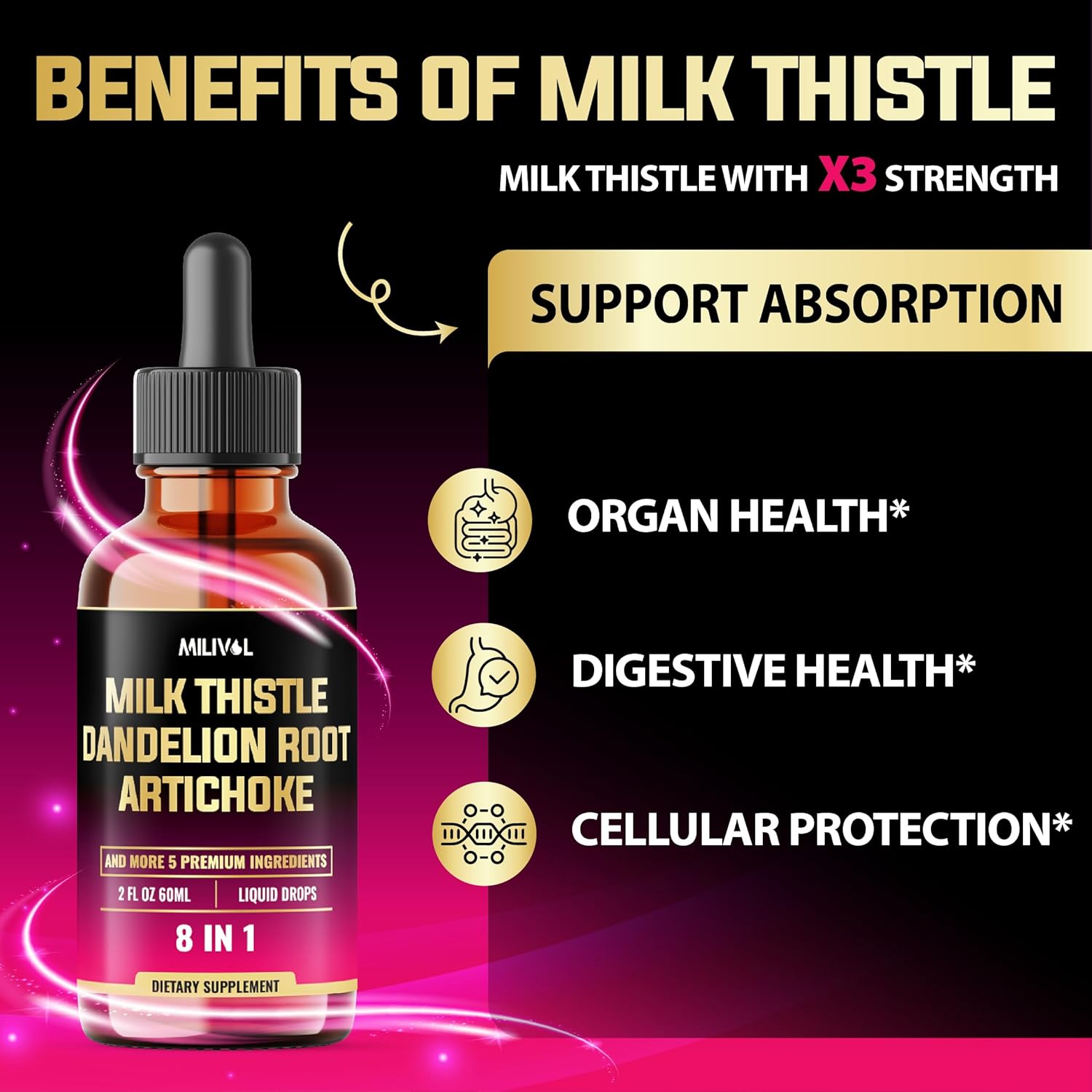 8in1 Milk Thistle Liquid Drops with Dandelion Root, Artichoke Leaf & 5 Herbals - 60 Day Supply - 2 Fl Oz