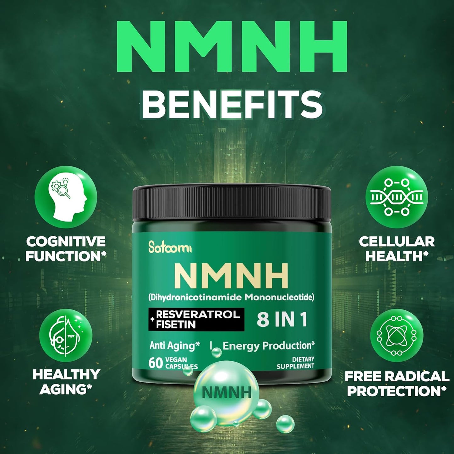 8in1 NMNH Supplement with NMN, NAD, Fisetin, Resveratrol, Quercetin, Turmeric, Berberine, Vitamin D3 - 60 Count