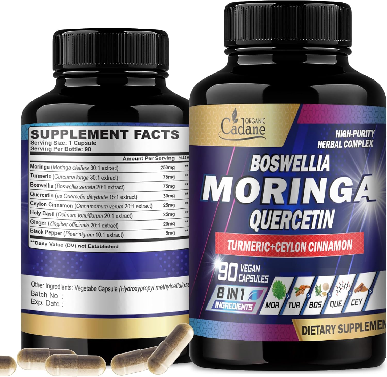 8in1 Organic Moringa Leaf Supplement with Turmeric, Boswellia, Quercetin, Ceylon Cinnamon, Holy Basil, Ginger, Black Pepper - 90 Veggie Capsules - 3 Month Supply