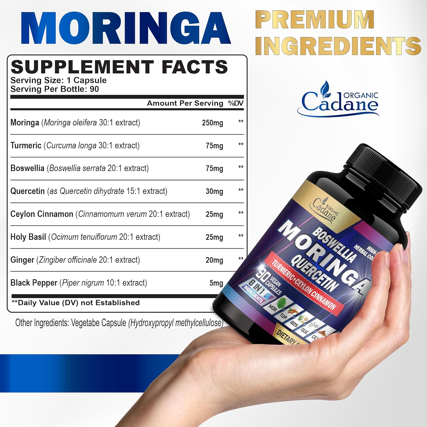 8in1 Organic Moringa Leaf Supplement with Turmeric, Boswellia, Quercetin, Ceylon Cinnamon, Holy Basil, Ginger, Black Pepper - 90 Veggie Capsules - 3 Month Supply