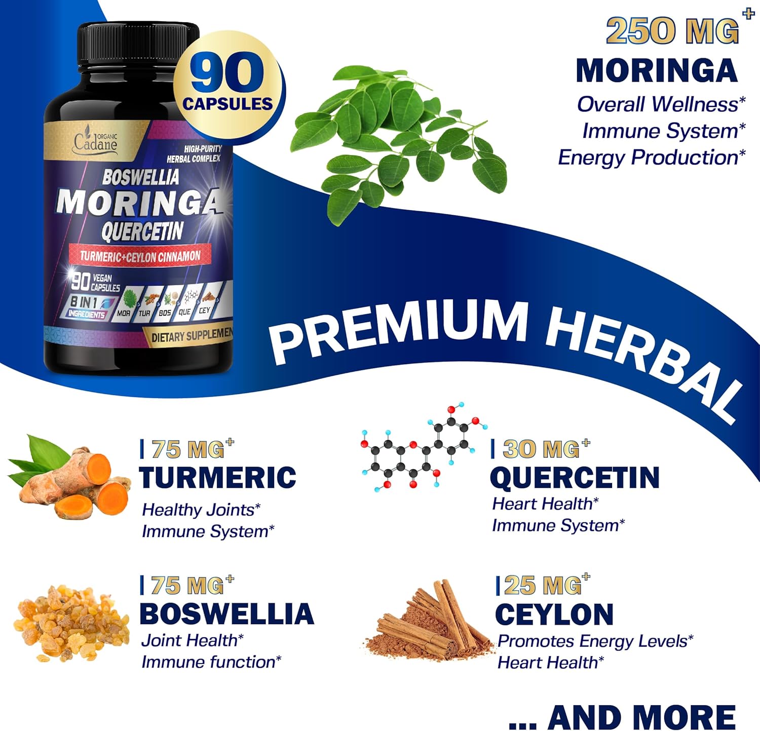 8in1 Organic Moringa Leaf Supplement with Turmeric, Boswellia, Quercetin, Ceylon Cinnamon, Holy Basil, Ginger, Black Pepper - 90 Veggie Capsules - 3 Month Supply