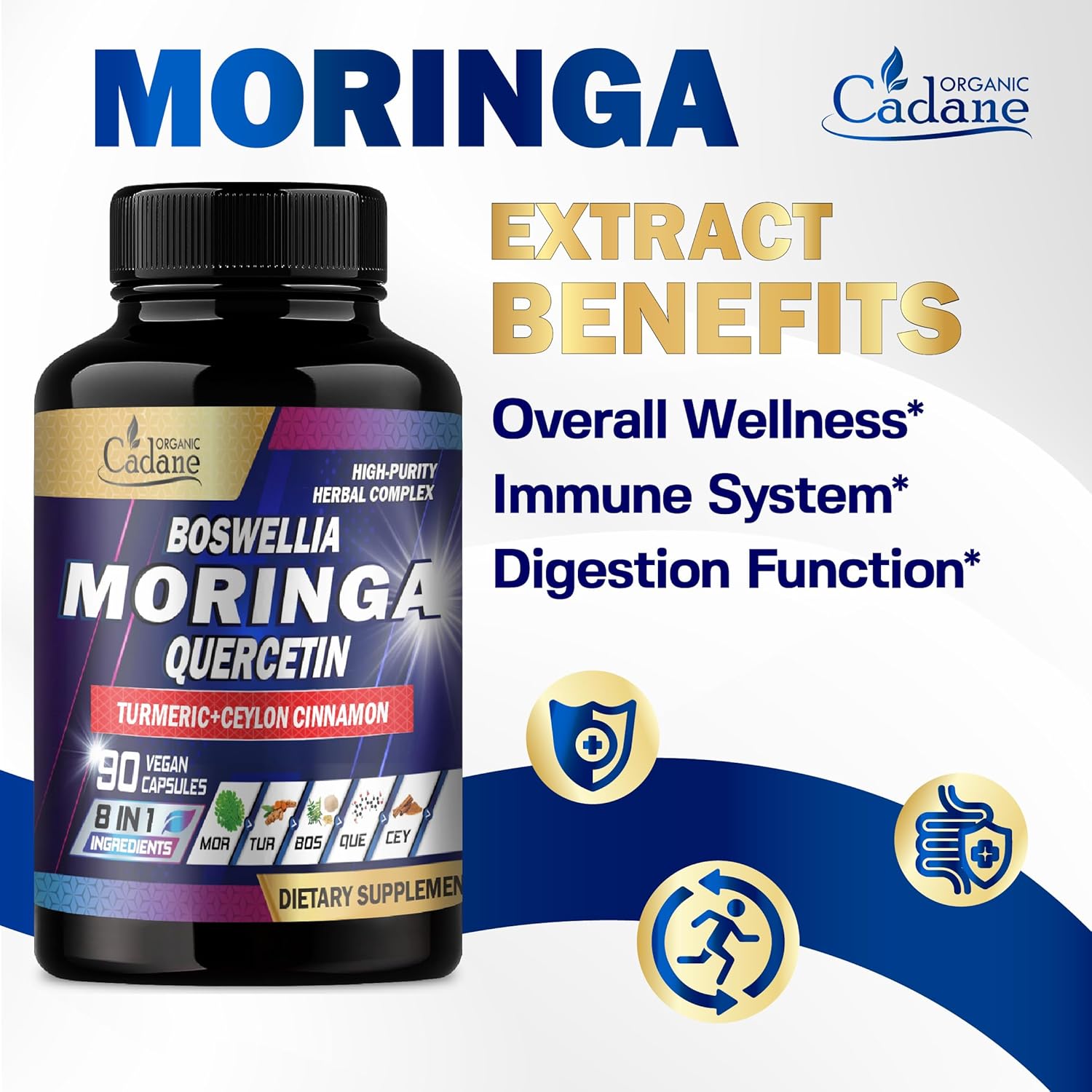 8in1 Organic Moringa Leaf Supplement with Turmeric, Boswellia, Quercetin, Ceylon Cinnamon, Holy Basil, Ginger, Black Pepper - 90 Veggie Capsules - 3 Month Supply