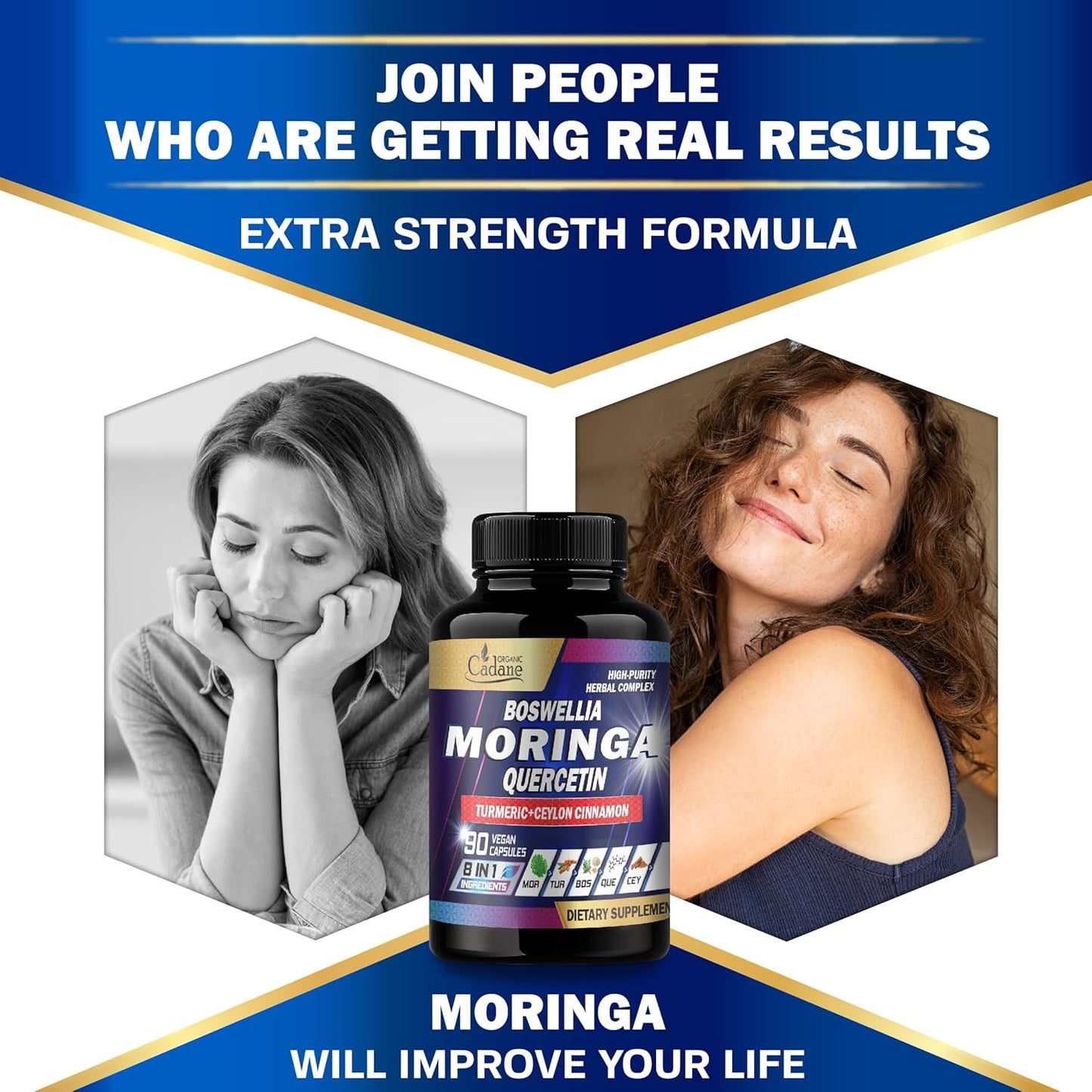 8in1 Organic Moringa Leaf Supplement with Turmeric, Boswellia, Quercetin, Ceylon Cinnamon, Holy Basil, Ginger, Black Pepper - 90 Veggie Capsules - 3 Month Supply