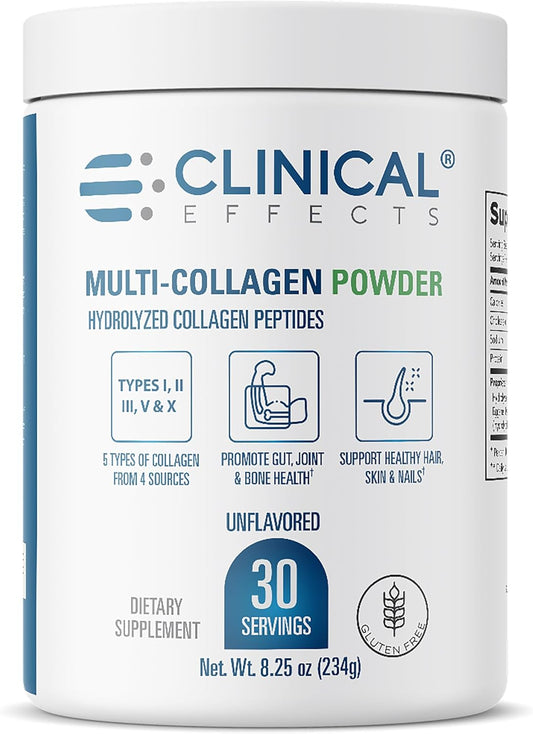 8oz Clinical Effects Multi-Collagen Powder with 5 Types for Joint, Bone, Skin & Nail Health - Fast Absorption - 30 Servings
