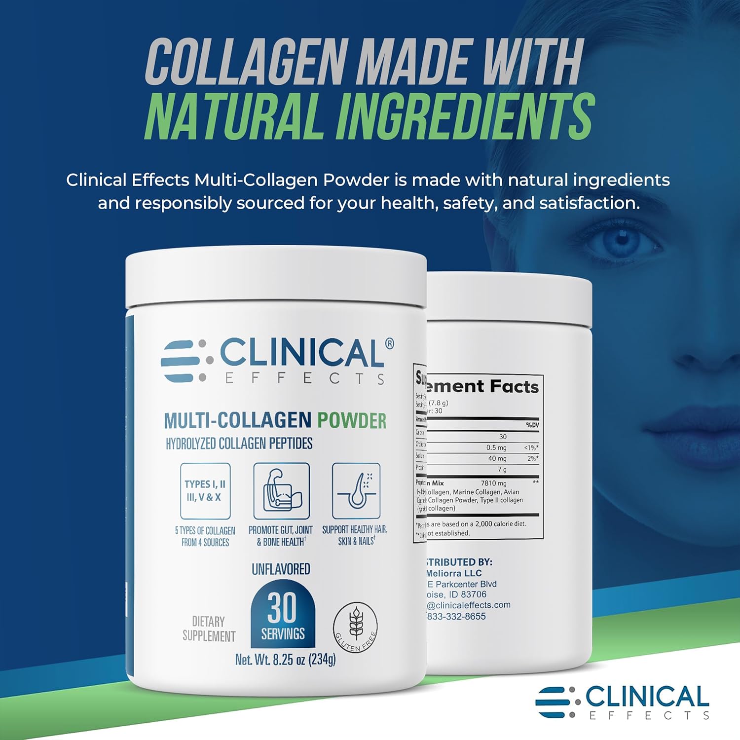 8oz Clinical Effects Multi-Collagen Powder with 5 Types for Joint, Bone, Skin & Nail Health - Fast Absorption - 30 Servings